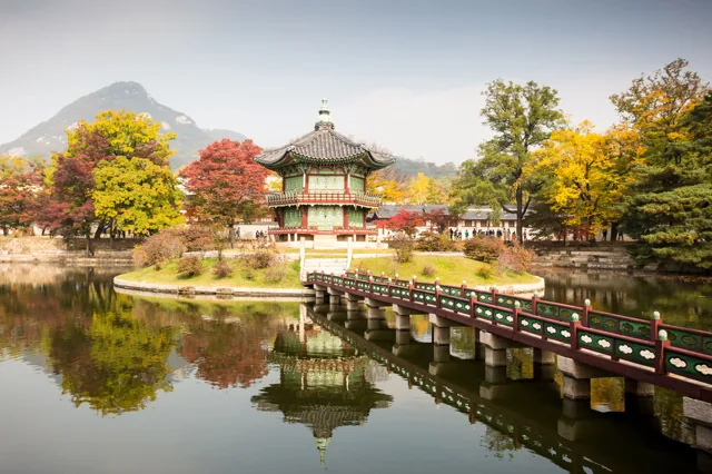 Traditional pavilion beside a pond in South Korea