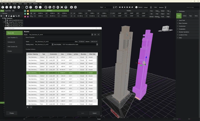 EnergyPlus room properties and envelope surfaces in a FlowSIM Pro building model