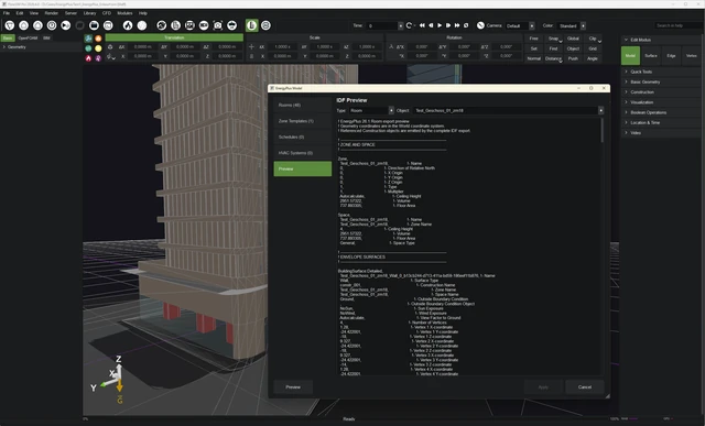 Preview of an EnergyPlus room IDF file in FlowSIM Pro