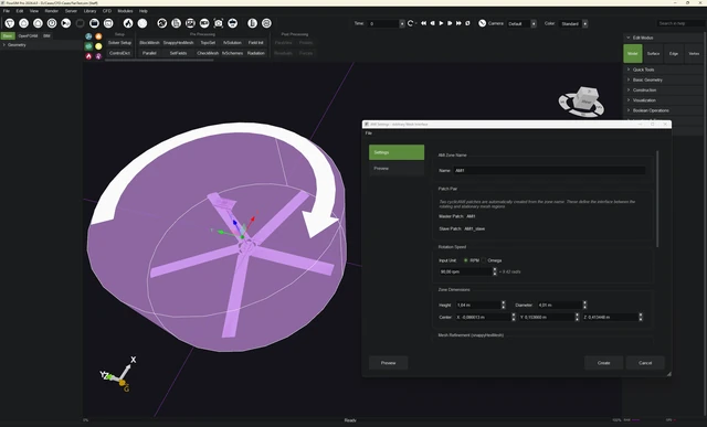 AMI settings for a rotating fan in FlowSIM Pro