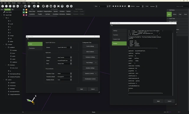 OpenFOAM solver settings and controlDict preview in FlowSIM Pro