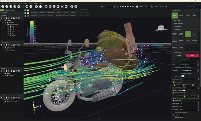 Airflow streamlines around a motorcycle in FlowSIM Pro